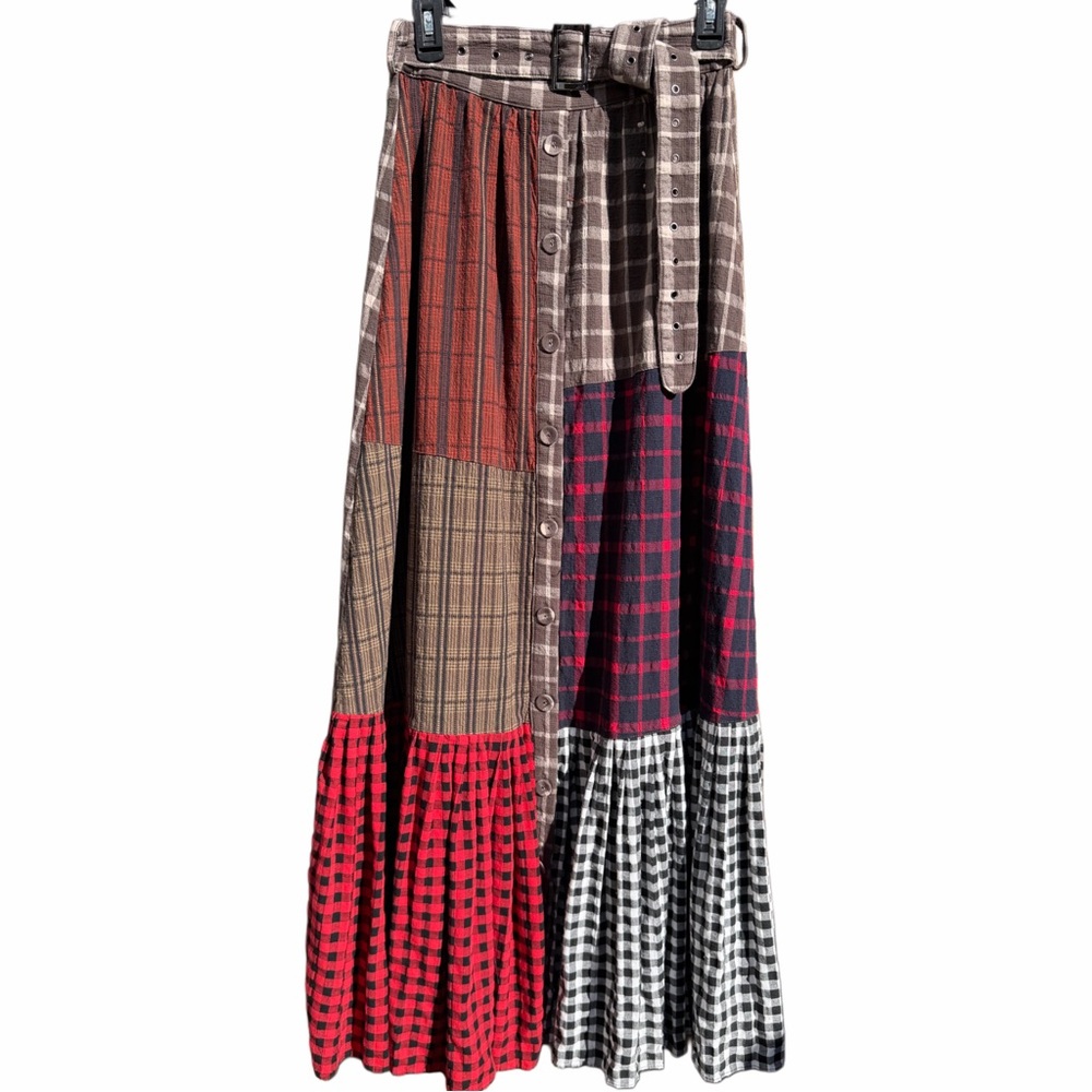 Tov Holy Los Angeles Plaid Patchwork Button Maxi Skirt Women’s Size M - Picture 9 of 9